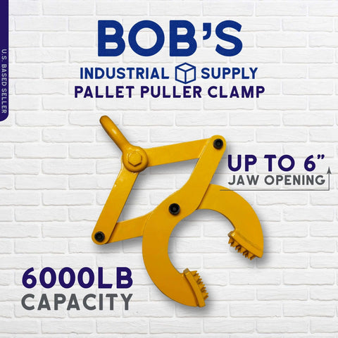 Beefy Heavy Duty Pallet Puller Clamp With 6000 Lb Capacity shown on brick background, up to 6 inch jaw opening, yellow industrial tool