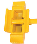 Close-up of Steel Single Rail Chock With Handle For Keeping Railroad Cars From Moving All Welded Steel Construction Bright Yellow Finish