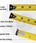 Close-up of a 25 ft tape measure with yellow nylon-coated blade, magnetic hook, and 1/8 inch tick marks for Pink Twenty Five Foot Tape Measure With Magnetic Hook And Nylon Coated Blade For Durable Easy Read Measurements Retractable Design One Eighth Fraction And One Thirty Second Accuracy Belt Clip And Rubber Protective Casing For Rugged Use At The Job Site.