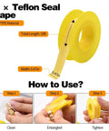 Two yellow rolls of Teflon seal tape, 16ft length and 0.47in width, shown with usage steps for plumbing connections.