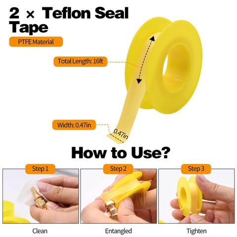 Two yellow rolls of Teflon seal tape, 16ft length and 0.47in width, shown with usage steps for plumbing connections.