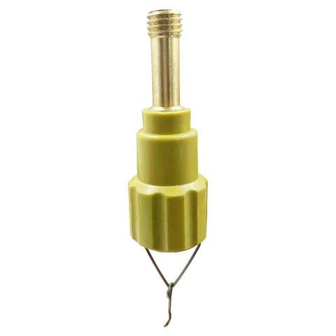 Close-up of a 2-Pack 40mm 5/8-11 Threaded Stud Adapter with Plumb Bob Hook for Total Station, showing the brass and plastic construction.