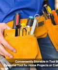 Person wearing tool belt with various hand tools in pockets, ideal for home projects or crafts.