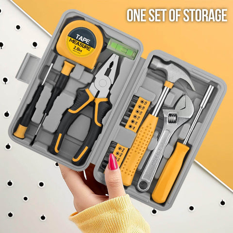 Bright yellow 20 Piece Basic Tool Kit with Mini Toolbox for home repairs, easy to use for beginners and gals, includes hammer, wrench, pliers.