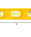 Front view of 9 Inch Speedlite Torpedo Level Yellow Built With High Impact Composite For Tough Jobsite Use Non Conductive Design Makes It A Handy Third Hand For Electricians And Pro DIYers Swanson Tool TL011 showing dimensions.