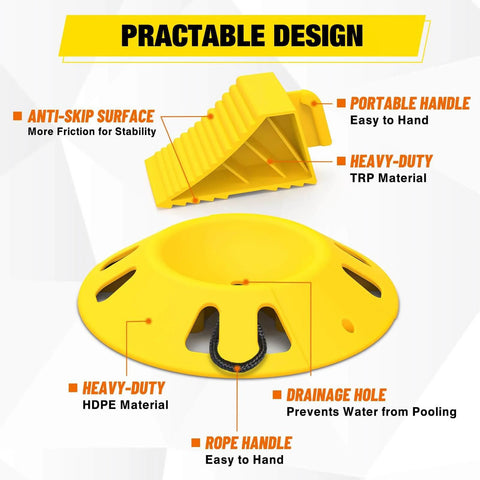 Trailer Wheel Chocks And Wheel Dock Kit Tough As Nails Built To Last And Prevents Trailer Wheel Sinking For Boat Trailers Travel Campers And RVs Up To 23 Inch Tires Durable UV Resistant Thermoplastic Rubber And High Density Polyethylene featuring visible product details and materials