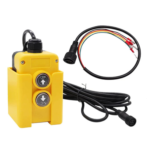 4 Wire Dump Trailer Remote Control Switch 12V DC Up Down Momentary Dual Button Control For Double Acting Hydraulic Pump Power Unit Ideal For Truck Lift Gates Cranes And Wreckers MG018 4W with yellow ABS casing and wiring.