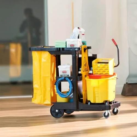 Heavy Duty 24 Gallon Front Zippered Vinyl Replacement Bag For Industrial Janitorial Carts Yellow Waste Linen And Trash Collection Durable Front Loading Bag For Commercial Cleaning Compatible With Rubbermaid Commercial Carts on a cleaning cart