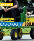 10" solid rubber tires and yellow wheels 4.10/3.50-4 on green wagon, carrying a dog, emphasizing load capacity of 300 lbs.