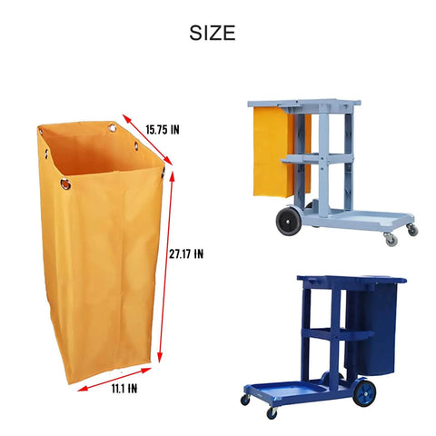 Rugged Waterproof Janitorial Cart Bag for Commercial Cleaning, 23 Gallon Capacity, Yellow PVC lined bag next to carts