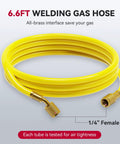 Yellow 6.6ft welding gas hose with 1/4 inch female connector, brass interface, tested for air tightness.