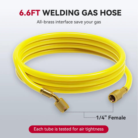 Yellow 6.6ft welding gas hose with 1/4 inch female connector, brass interface, tested for air tightness.