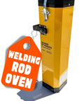 Portable Welding Rod Oven 11 lb capacity from Ridge 110V 300W, 300°F max, yellow metal box design with locking lid to keep electrodes dry.