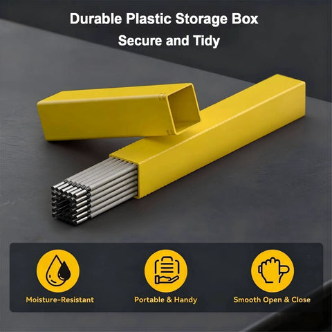 Stable Arc E6013 Welding Rods Three Thirty Second Inch, 60 Pack Carbon Steel in yellow storage box on gray surface.
