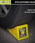 Bright Yellow Heavy Duty Wheel Chocks With Non Slip EVA Base For RV And Trailer 2 Pack No Rope Hassle And Lightweight Tire Stoppers For Cars Campers Trucks Fits Most Tire Sizes PR1ME next to car tire