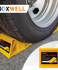 Heavy Duty Wheel Chocks For Travel Trailers And RVs Yellow 4 Pack Non Slip Lightweight Two Wheel Stopper Set For Cars Campers And Trucks With Grab And Go Carry Design By HOXWELL installed under vehicle tire