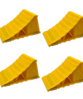 Heavy Duty Wheel Chocks For Travel Trailers And RVs Yellow 4 Pack Non Slip Lightweight Two Wheel Stopper Set, front view