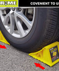 Bright Yellow Heavy Duty Wheel Chocks With Non Slip EVA Base For RV And Trailer 2 Pack No Rope Hassle And Lightweight Tire Stoppers For Cars Campers Trucks Fits Most Tire Sizes PR1ME positioned on concrete under vehicle tire