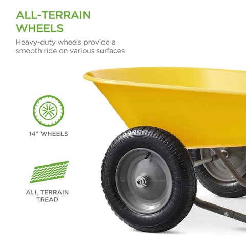 Close-up of 14-inch all-terrain wheel on yellow Dual Wheel Home Utility Yard Wheelbarrow Garden Cart with Built In Stand.