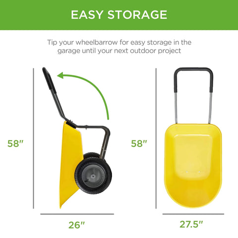 Side and front view of Dual Wheel Home Utility Yard Wheelbarrow Garden Cart with Built In Stand, shown in easy storage position.