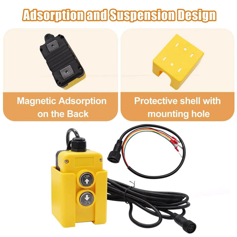4 Wire Dump Trailer Remote Control Switch 12V DC Up Down Momentary Dual Button Control For Double Acting Hydraulic Pump Power Unit Ideal For Truck Lift Gates Cranes And Wreckers MG018 4W, featuring protective shell, magnetic adsorption, and wiring