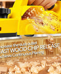 Dewalt Cordless Handheld Planer For Woodworking Compatible With 20V Max Battery No Battery Brushless Electric Power Planer 15000 RPM Three And A Quarter Inch Wood Planer in use, close-up on wood shaving action.