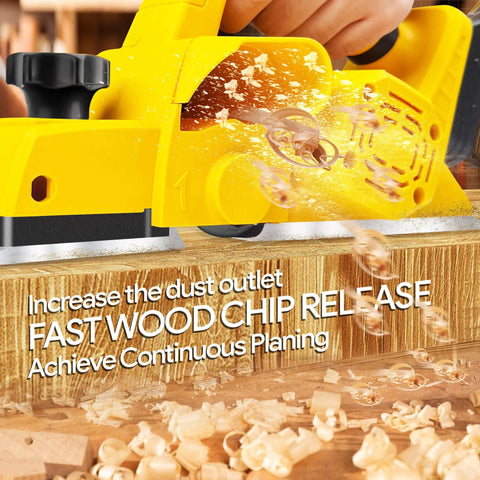 Dewalt Cordless Handheld Planer For Woodworking Compatible With 20V Max Battery No Battery Brushless Electric Power Planer 15000 RPM Three And A Quarter Inch Wood Planer in use, close-up on wood shaving action.