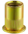 Close-up of a single 200 Pcs Rivet Nuts One Quarter Twenty UNC Yellow Zinc Plated Flat Head Rivnut With Knurled Body For Sheet Metal.