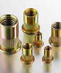 Assorted 200 Pcs Rivet Nuts One Quarter Twenty UNC Yellow Zinc Plated Flat Head Rivnut With Knurled Body For Sheet Metal Carbon Steel Rust Resistant Long Lasting Strength And Easy Assembly on display