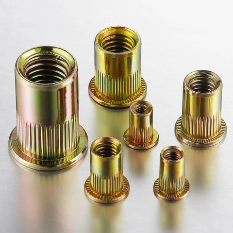 Assorted 200 Pcs Rivet Nuts One Quarter Twenty UNC Yellow Zinc Plated Flat Head Rivnut With Knurled Body For Sheet Metal Carbon Steel Rust Resistant Long Lasting Strength And Easy Assembly on display