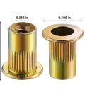 200 Pcs Rivet Nuts One Quarter Twenty UNC Yellow Zinc Plated Flat Head Rivnut With Knurled Body For Sheet Metal Carbon Steel Rust Resistant Long Lasting Strength And Easy Assembly, showing dimensions and yellow finish.