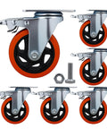 6 piece 4 inch heavy duty locking swivel casters with brake, for furniture and carts, showing wheels in various angles.