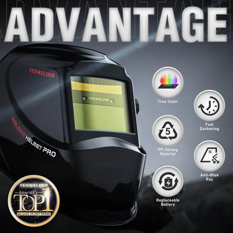 Auto darkening welding helmet YESWELDER with features including true color, fast darkening, and anti-blue ray protection.
