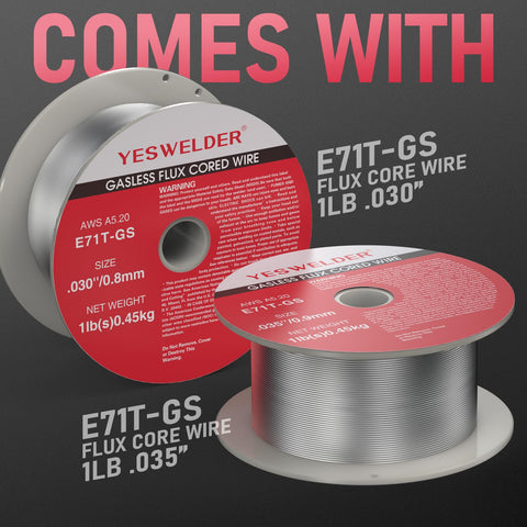 All In One Flux Core MIG Welder Bundle With Auto Darkening Helmet includes E71T-GS gasless flux core wire 1 lb .030 .035