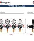 Front and side view dimensions of YH 76S 4 Secondary Regulator for Multi Keg Dispensing from a Single CO2 Tank.