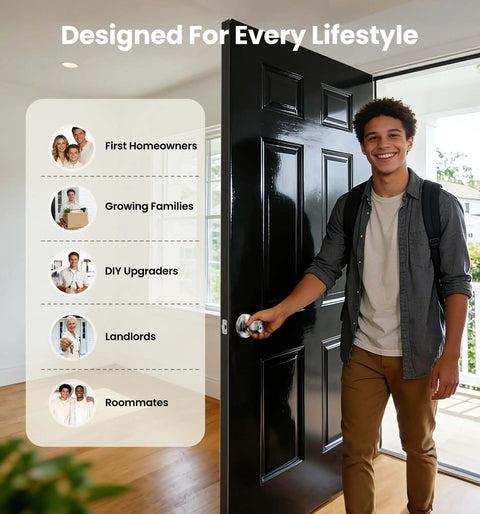 Young man holding a door with a Keyed Entry Door Knob With Quick Exit Thumbturn For Bedroom And Office Security, suitable for various lifestyles.