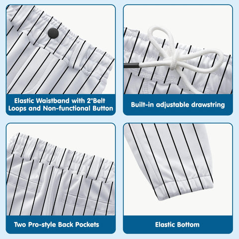 Kids Knickers Baseball Pants For Youth Tee Ball And Softball Practice featuring elastic waistband, belt loops, and striped design.