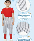 Child wearing Kids Knickers Baseball Pants For Youth Tee Ball And Softball Practice Elastic Hem Knickers showing double-layer knee fabric
