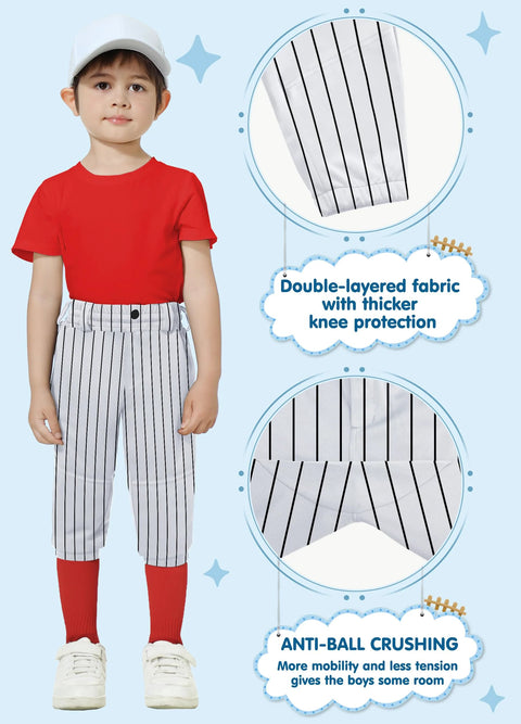 Child wearing Kids Knickers Baseball Pants For Youth Tee Ball And Softball Practice Elastic Hem Knickers showing double-layer knee fabric
