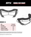 Rookie S Youth Lacrosse Goggle size chart for girls SEI certified ages 9 and under showing dimensions and fit details