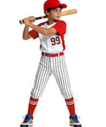 Child in striped baseball gear, red jersey, Kids Knickers Baseball Pants For Youth Tee Ball And Softball Practice Elastic Hem Knickers.