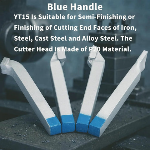 Ten Piece Brazed Carbide Lathe Tool Set With YT15 Tips showing blue-handled tools on a metal surface for metalworking.
