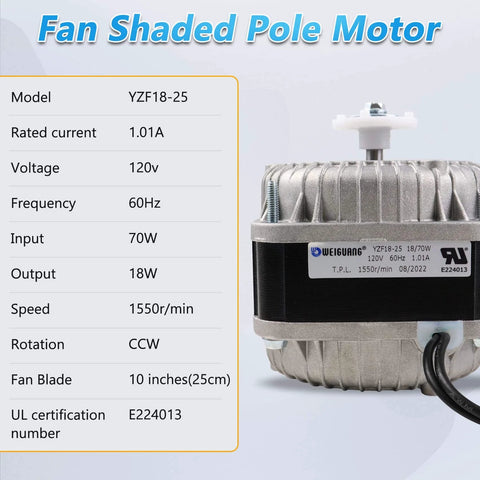 YZF18-25 Fan AC Motor 120V 18W 1.01A 60Hz Shaded Pole Condenser Motor Replace YZF10-20 YZF6-13 W0301905
