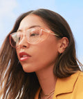 Woman wearing Z87.1 Certified Safety Glasses With Blue Light Blocking And Anti Fog Coating outdoors