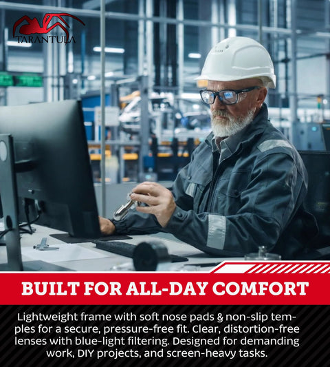 Z87.1 Safety Glasses Anti Fog Blue Light Blocking With Removable Side Shields worn by worker in industrial setting.