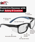 Z87.1 Safety Glasses Anti Fog Blue Light Blocking With Removable Side Shields showing features and certifications