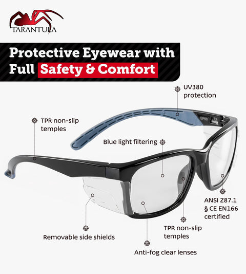 Z87.1 Safety Glasses Anti Fog Blue Light Blocking With Removable Side Shields showing features and certifications