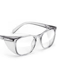 Side view of Z87.1 Certified Safety Glasses with Blue Light Blocking and Anti Fog Coating, clear polycarbonate frame with transparent lenses.