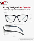 Z87.1 Safety Glasses Anti Fog Blue Light Blocking With Removable Side Shields shown with dimensions and ergonomic design.