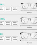 Three sizes of Z87.1 Certified Safety Glasses With Blue Light Blocking And Anti Fog Coating labeled small, medium, and wide
